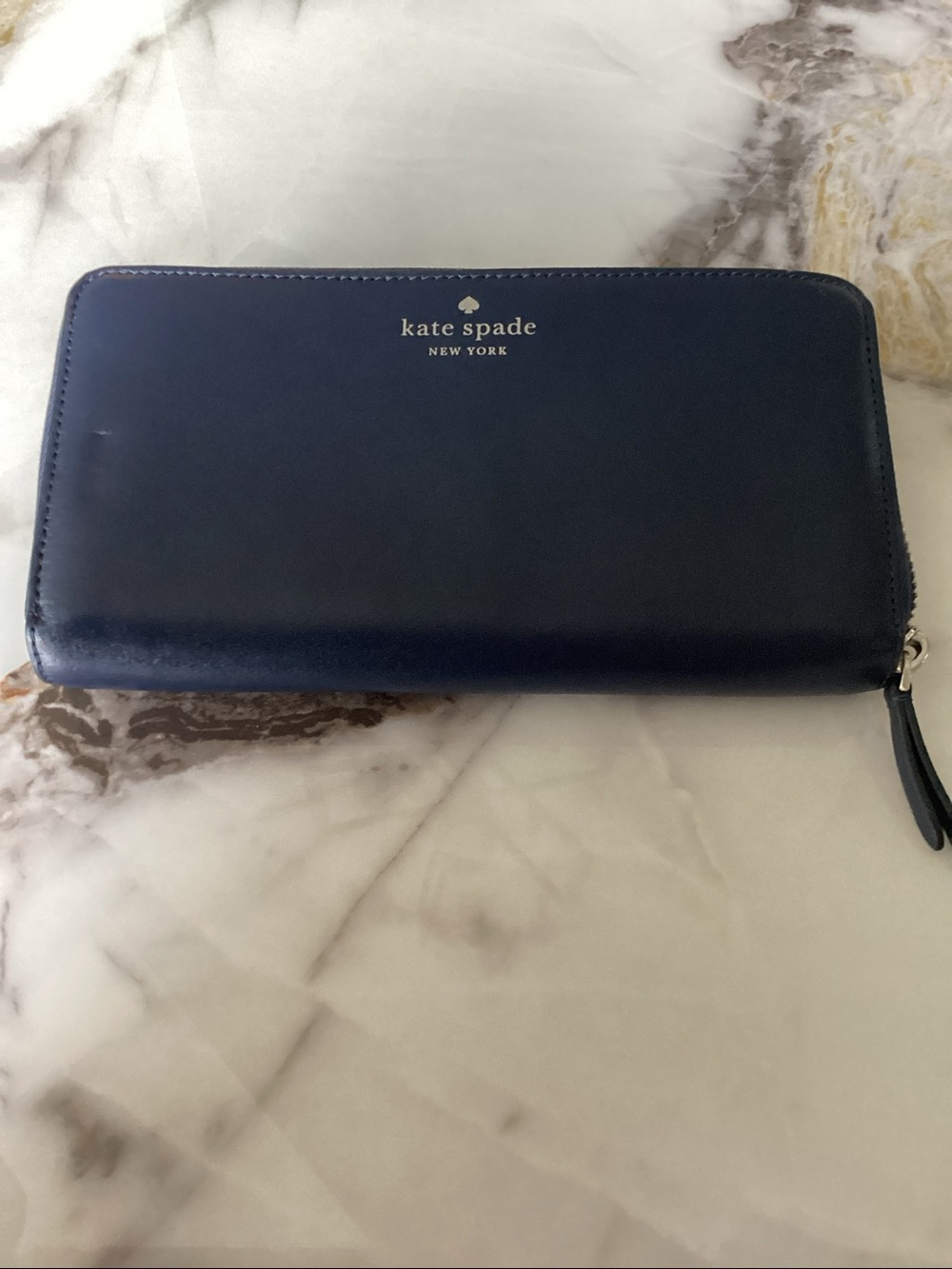 kate spade navy leather zip-around wallet with silver zipper